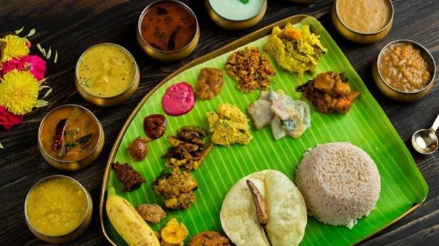 kerala festive sadya with multiple vegetarian dishes